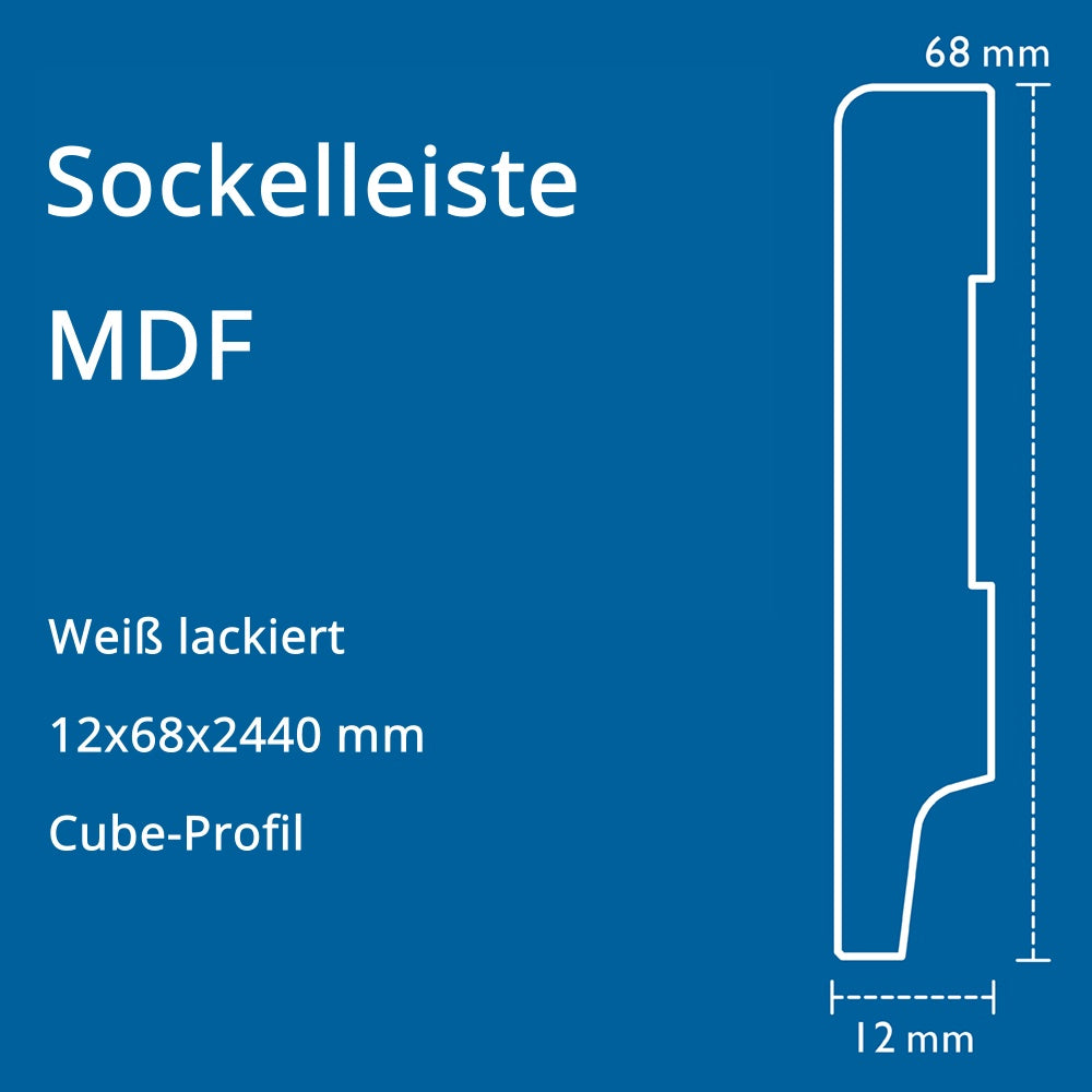 Sockelleiste MDF, weiß, 12x68x2440 mm, Cube-Profil