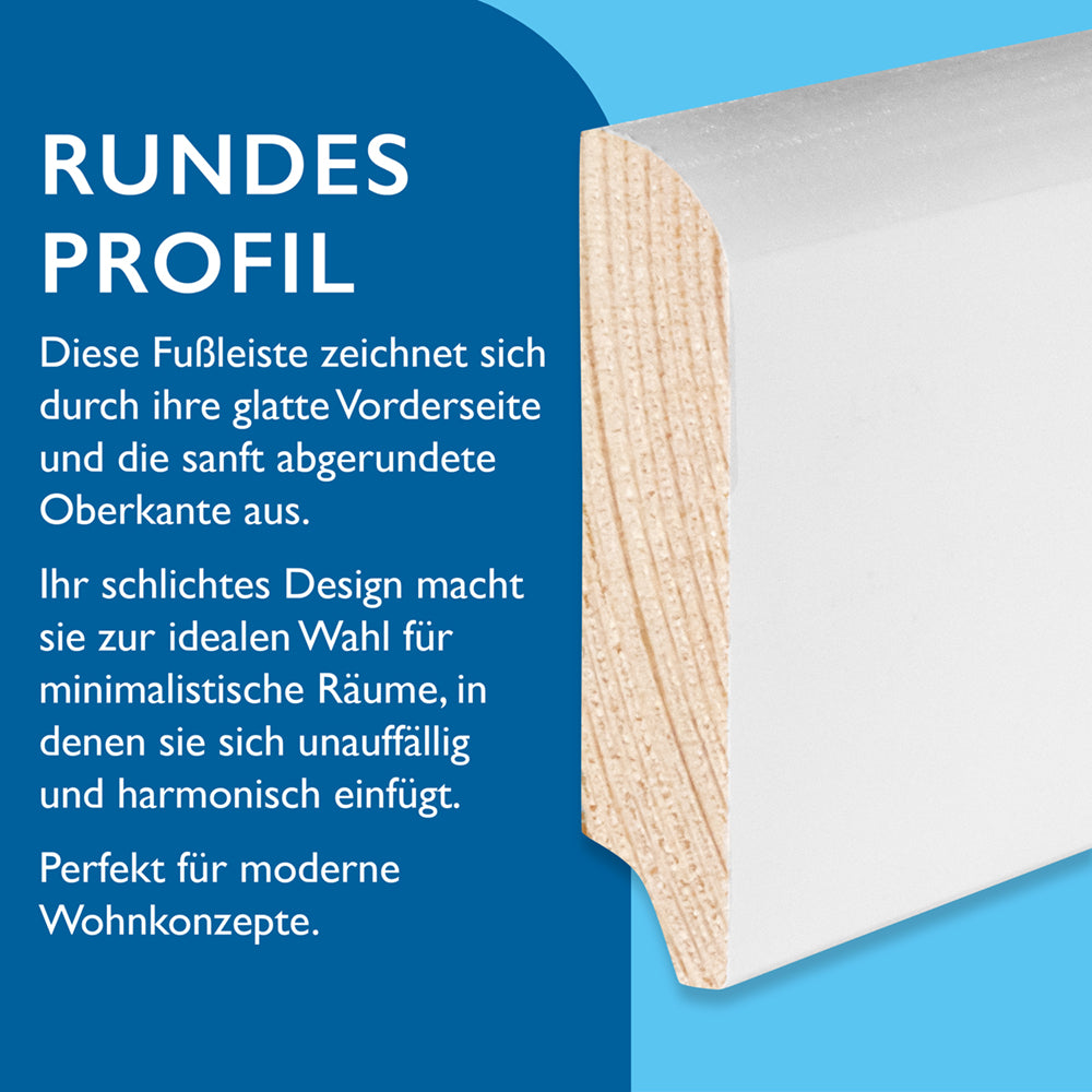 Sockelleiste Kiefer, weiß, 12x58x2400 mm, rundes Profil