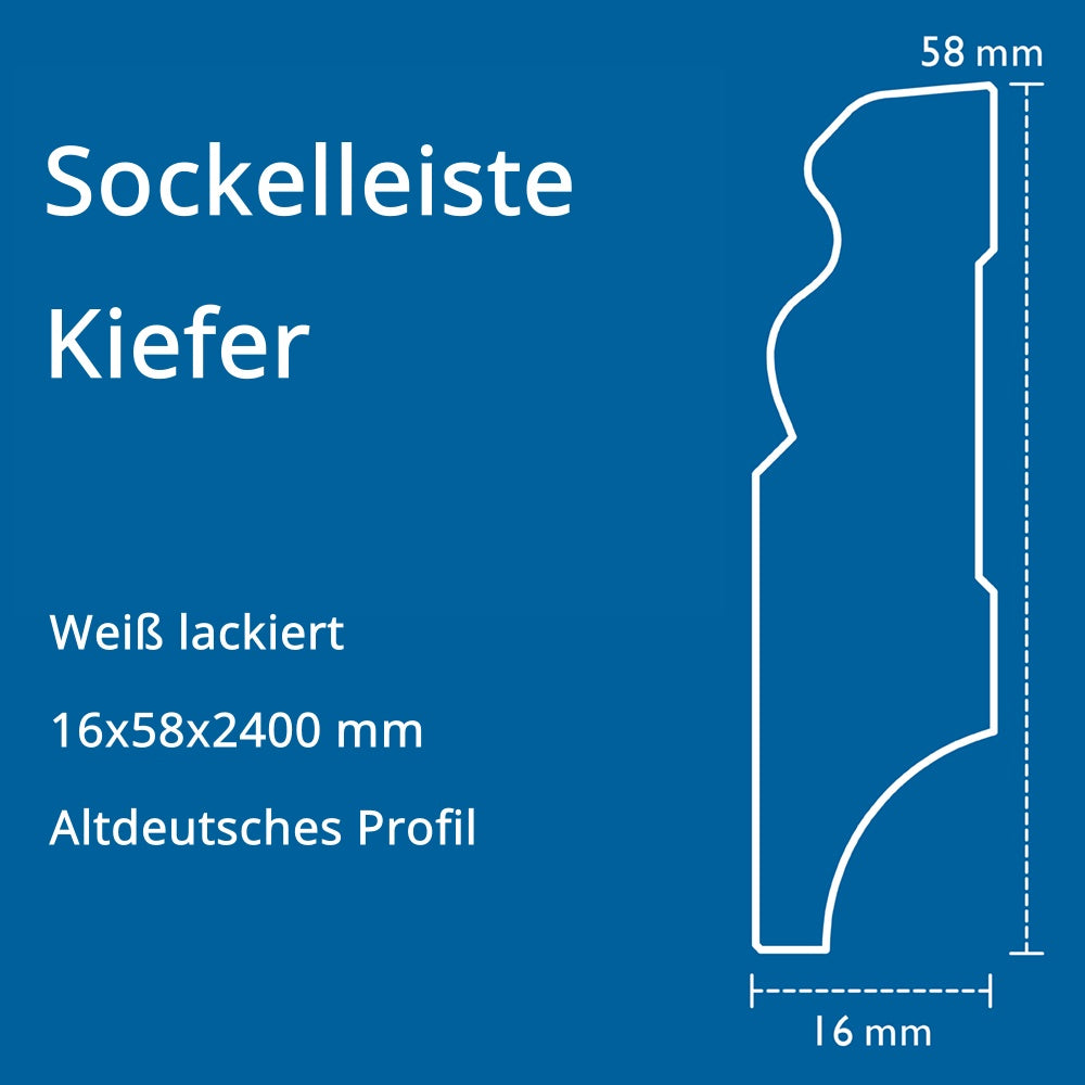 Sockelleiste Kiefer, weiß, 16x58x2400 mm, Altdeutsches Profil