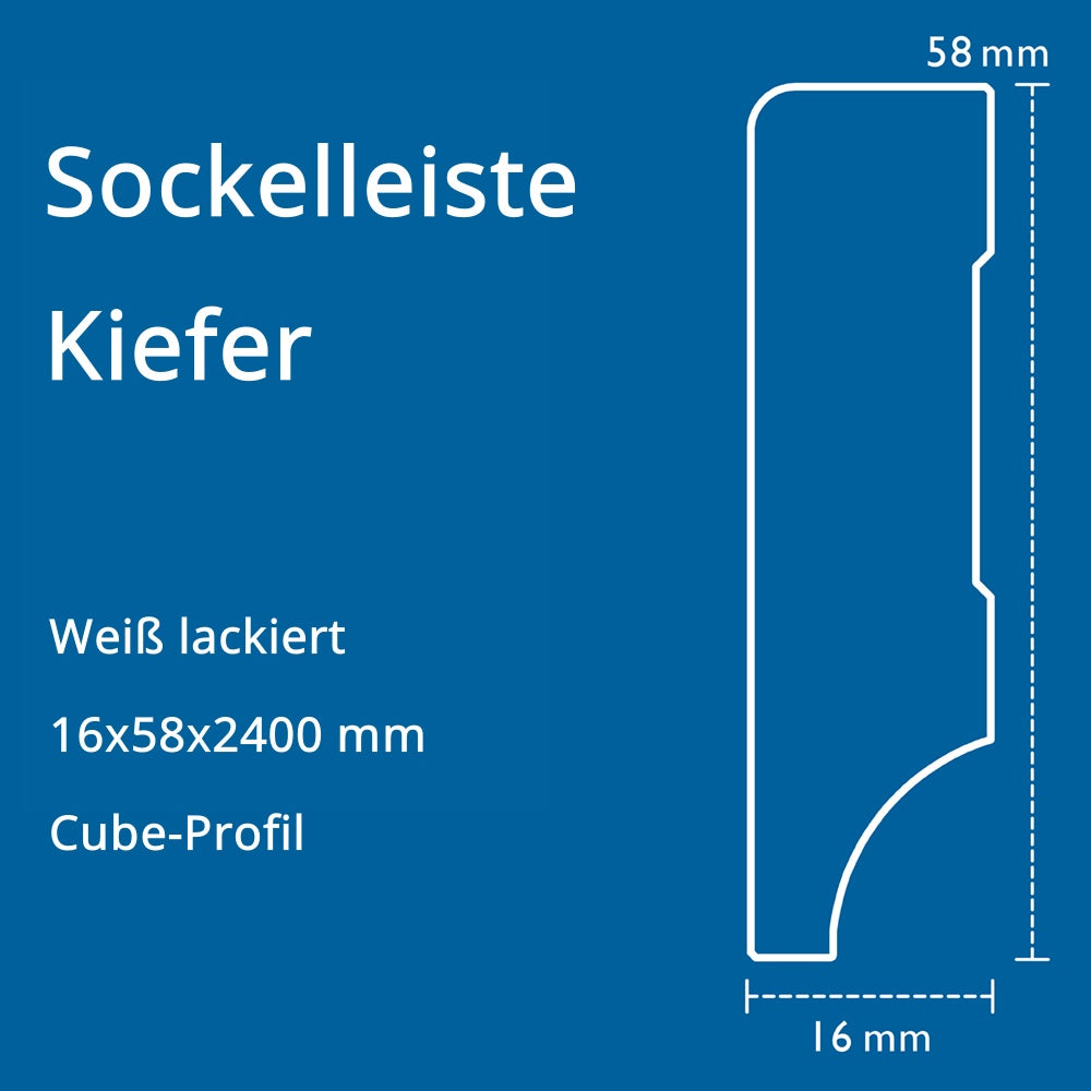 Sockelleiste Kiefer, weiß, 16x58x2400 mm, Cube-Profil