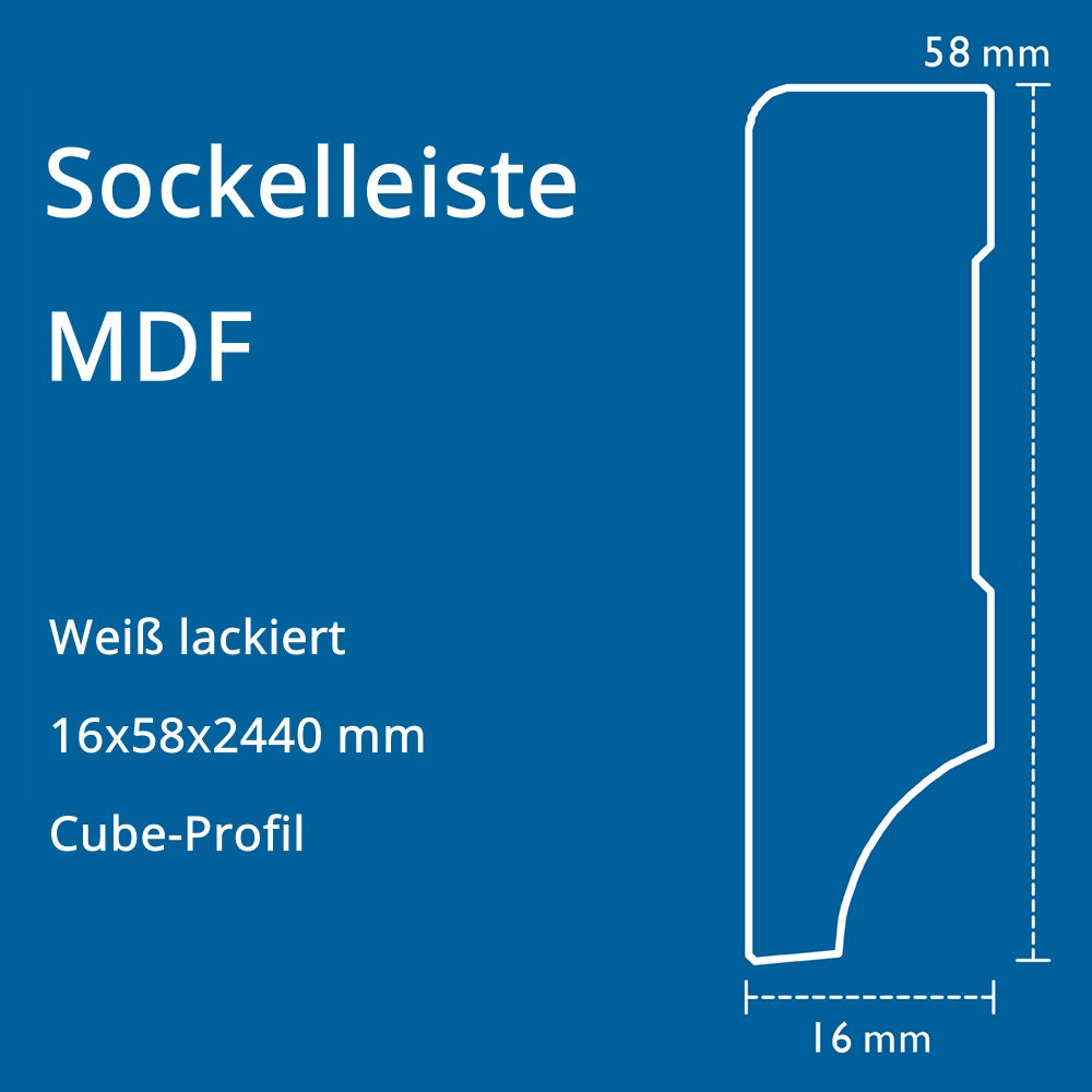 Sockelleiste MDF, weiß, 16x58x2440 mm, Cube-Profil