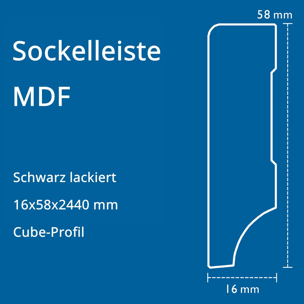 Sockelleiste MDF, schwarz, 16x58x2440 mm, Cube-Profil