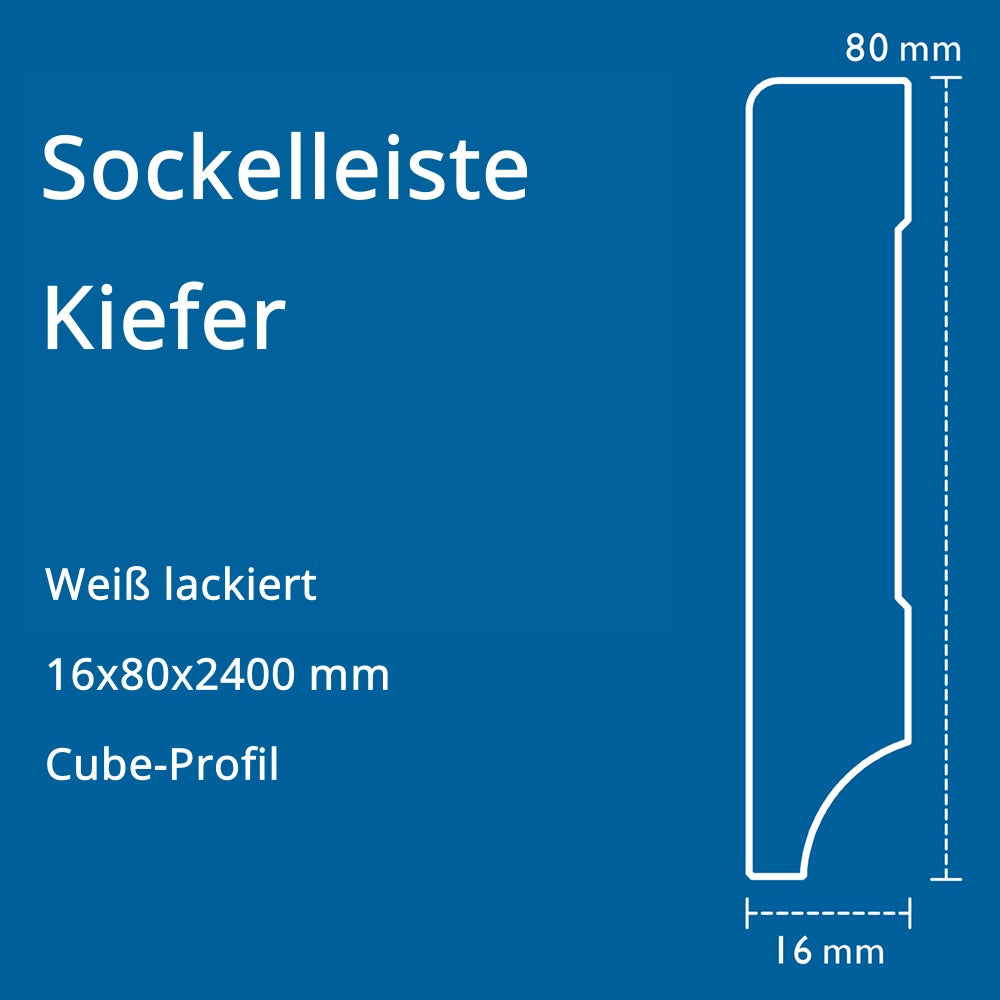 Sockelleiste Kiefer, weiß, 16x80x2400 mm, Cube-Profil