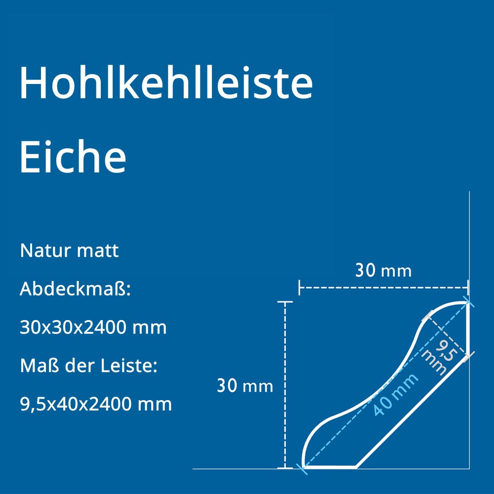 Hohlkehlleiste Eiche, natur matt, Abdeckmaß: 30x30x2400 mm (9,5x40x2400 mm)